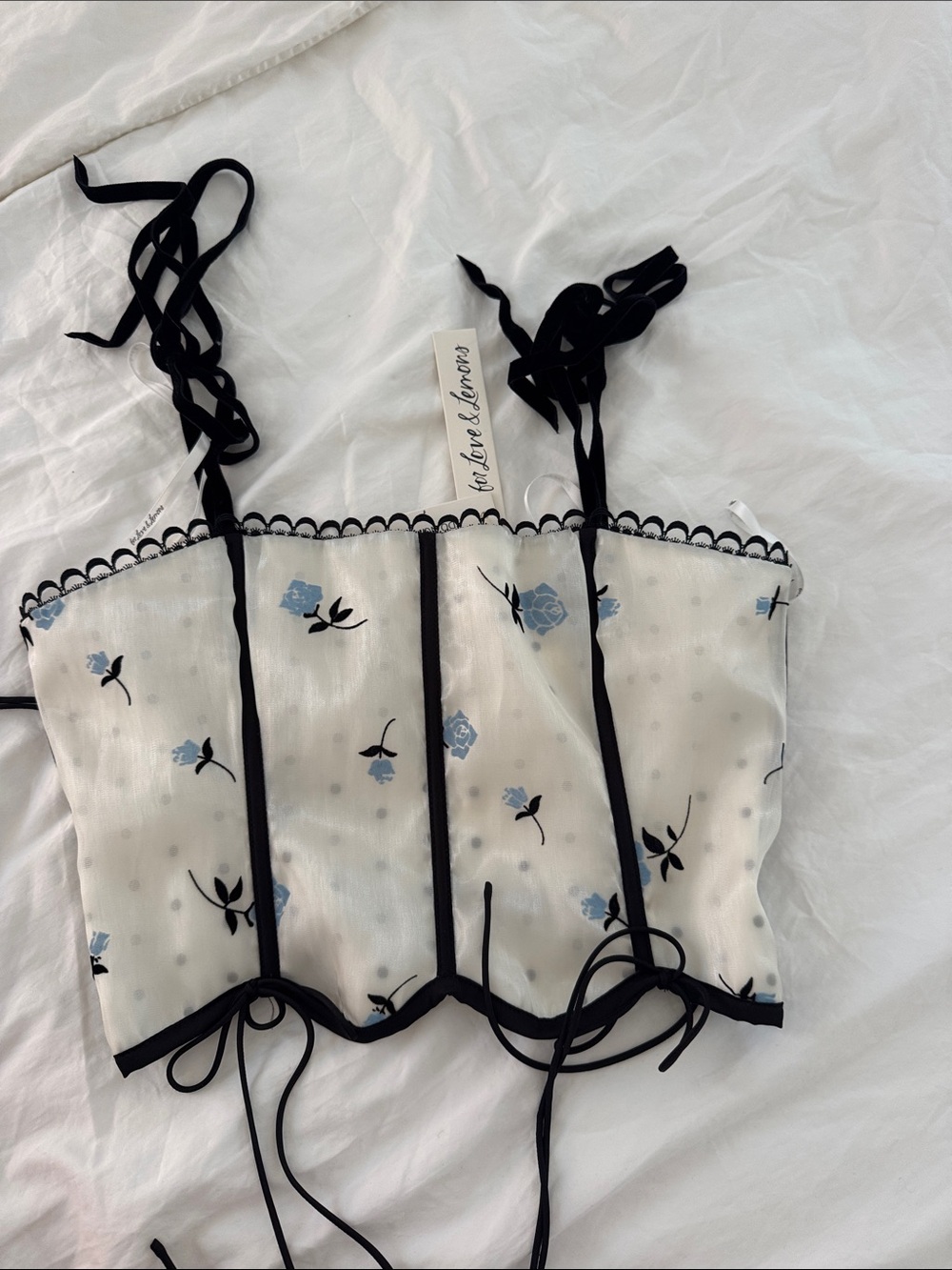 For Love & Lemons White Floral Crop Top with Blue Roses